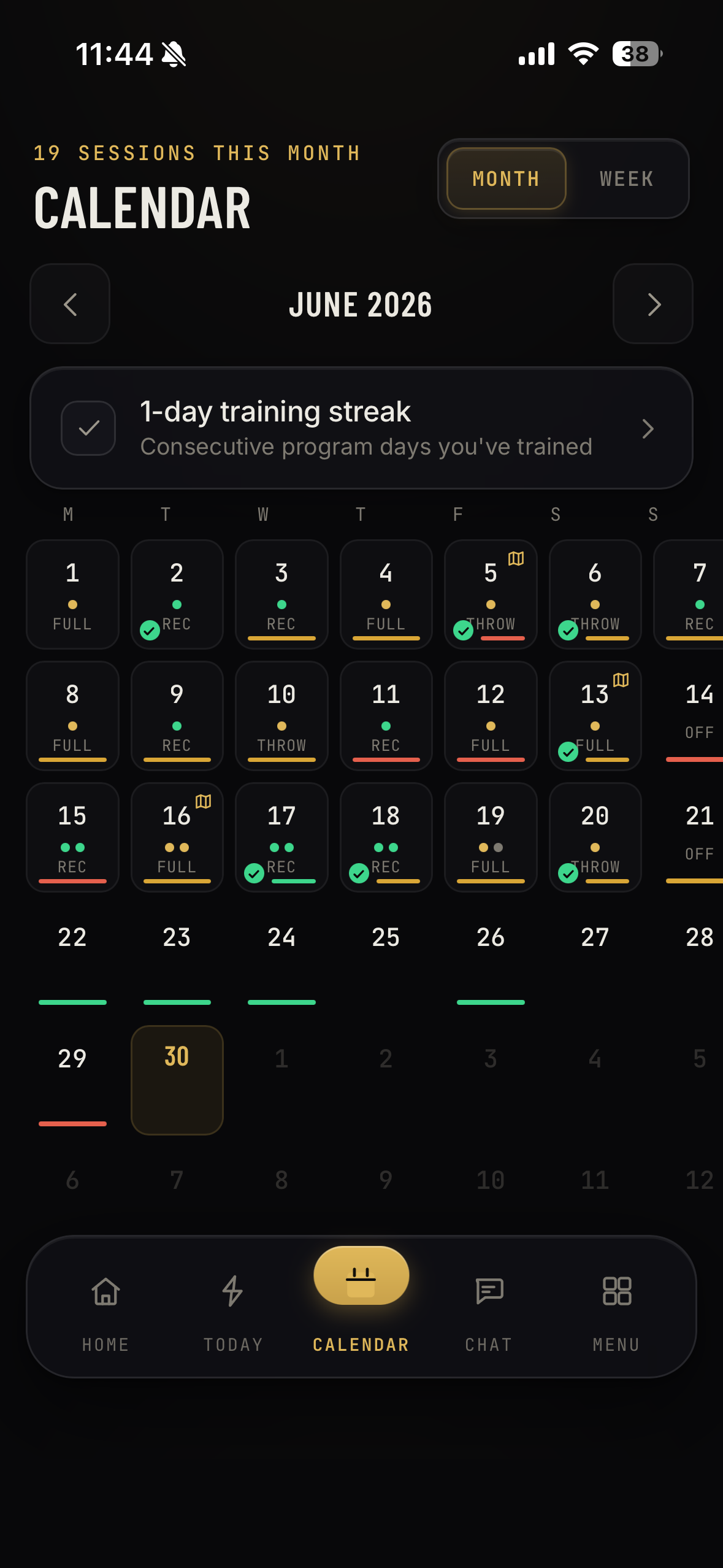 Athlete Portal calendar screen: the training week laid out by date.