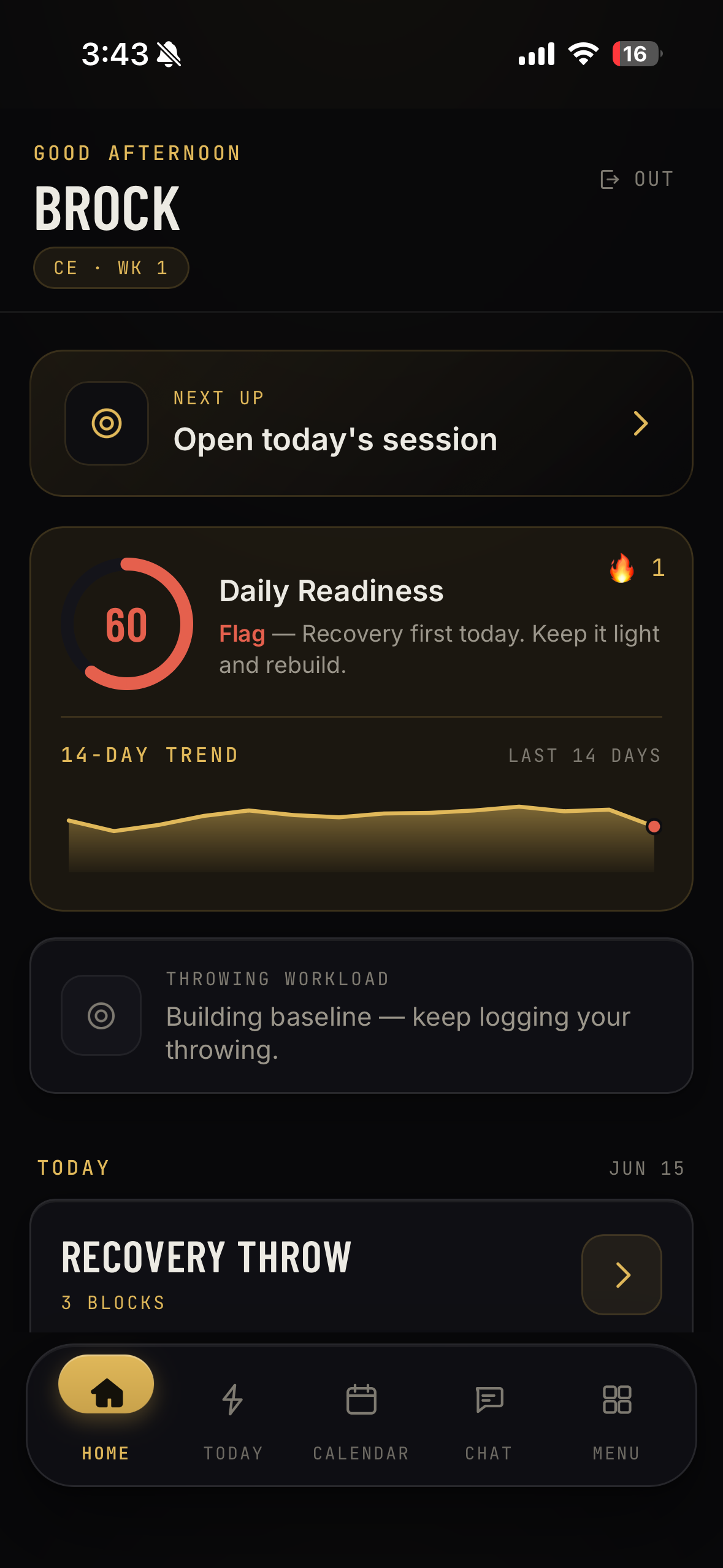 Athlete Portal home screen with readiness and trend.