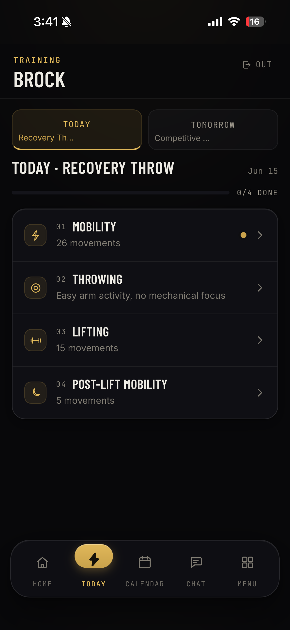 Athlete Portal today screen with the day in blocks.